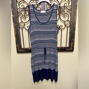 Olive & Oak sleeveless blue/white striped drawstring waist mini dress
